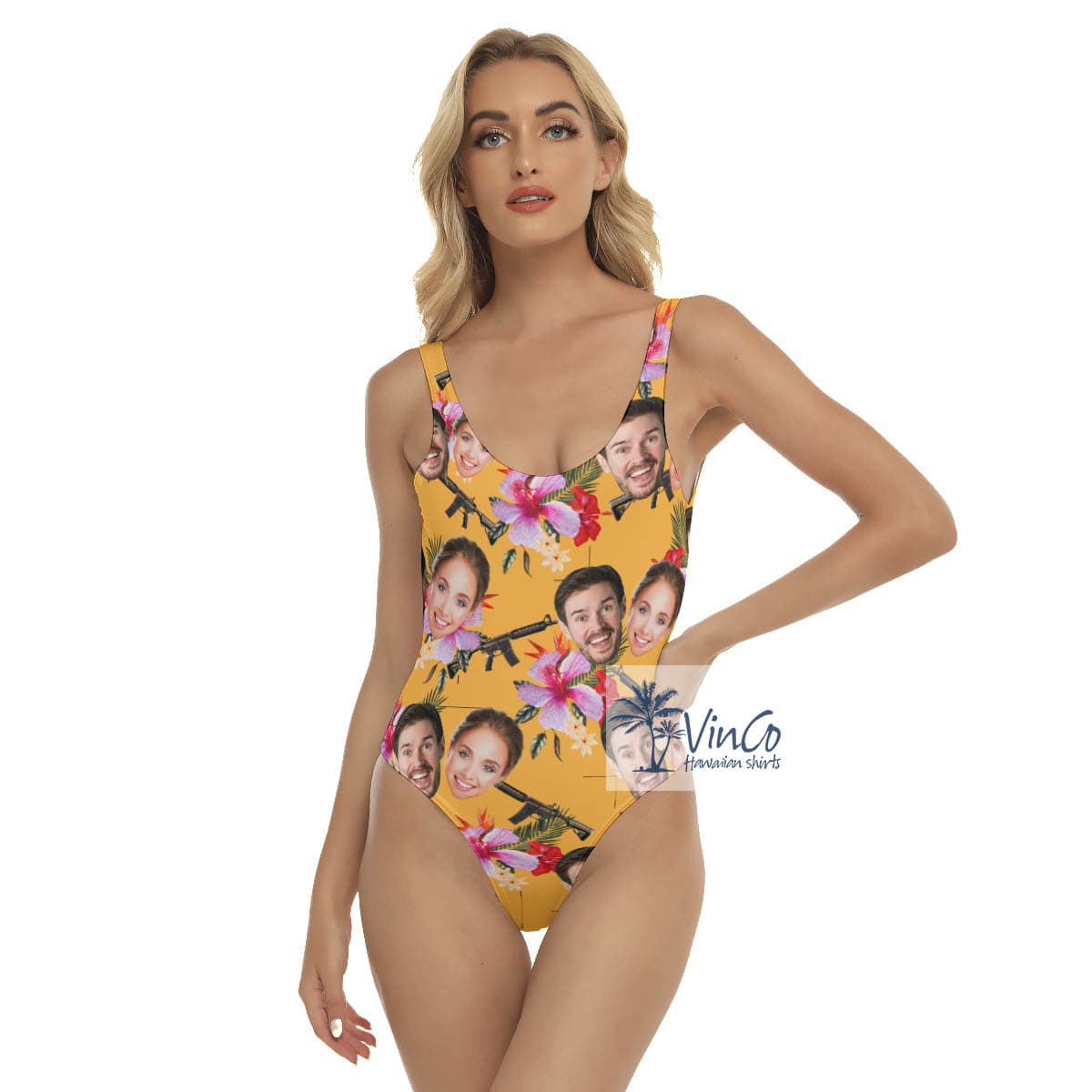 Funny Custom Face Floral Gun Hawaiian Swimsuit