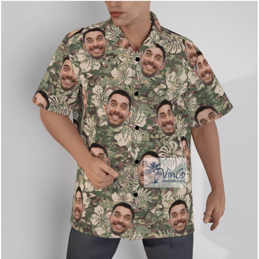 Funny Custom Face Green Camoflage Hibiscus Hawaiian Shirt