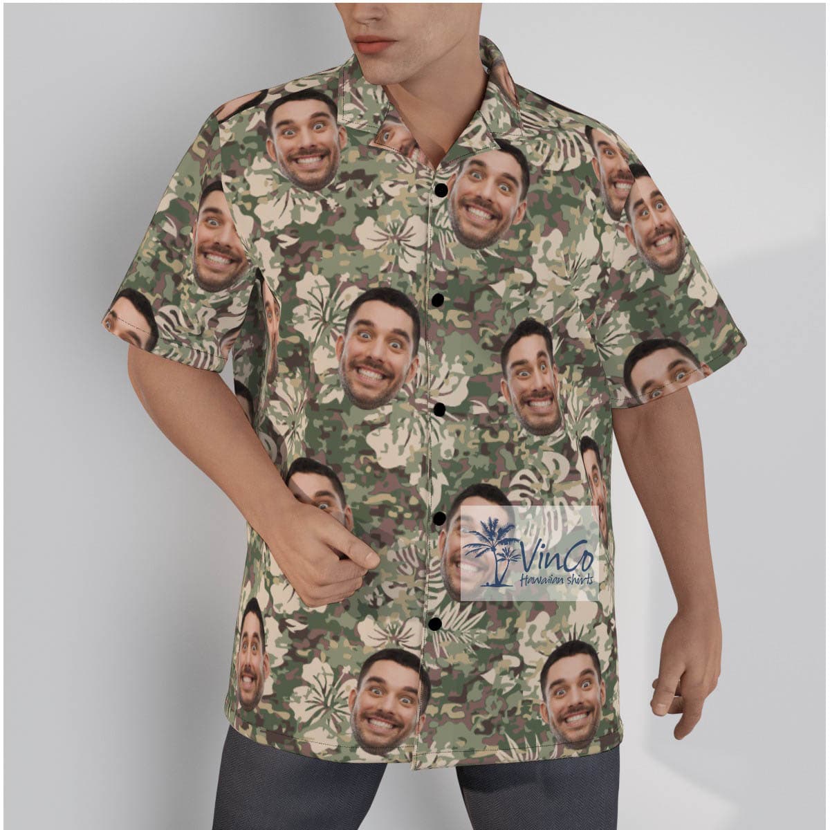 Funny Custom Face Green Camoflage Hibiscus Hawaiian Shirt