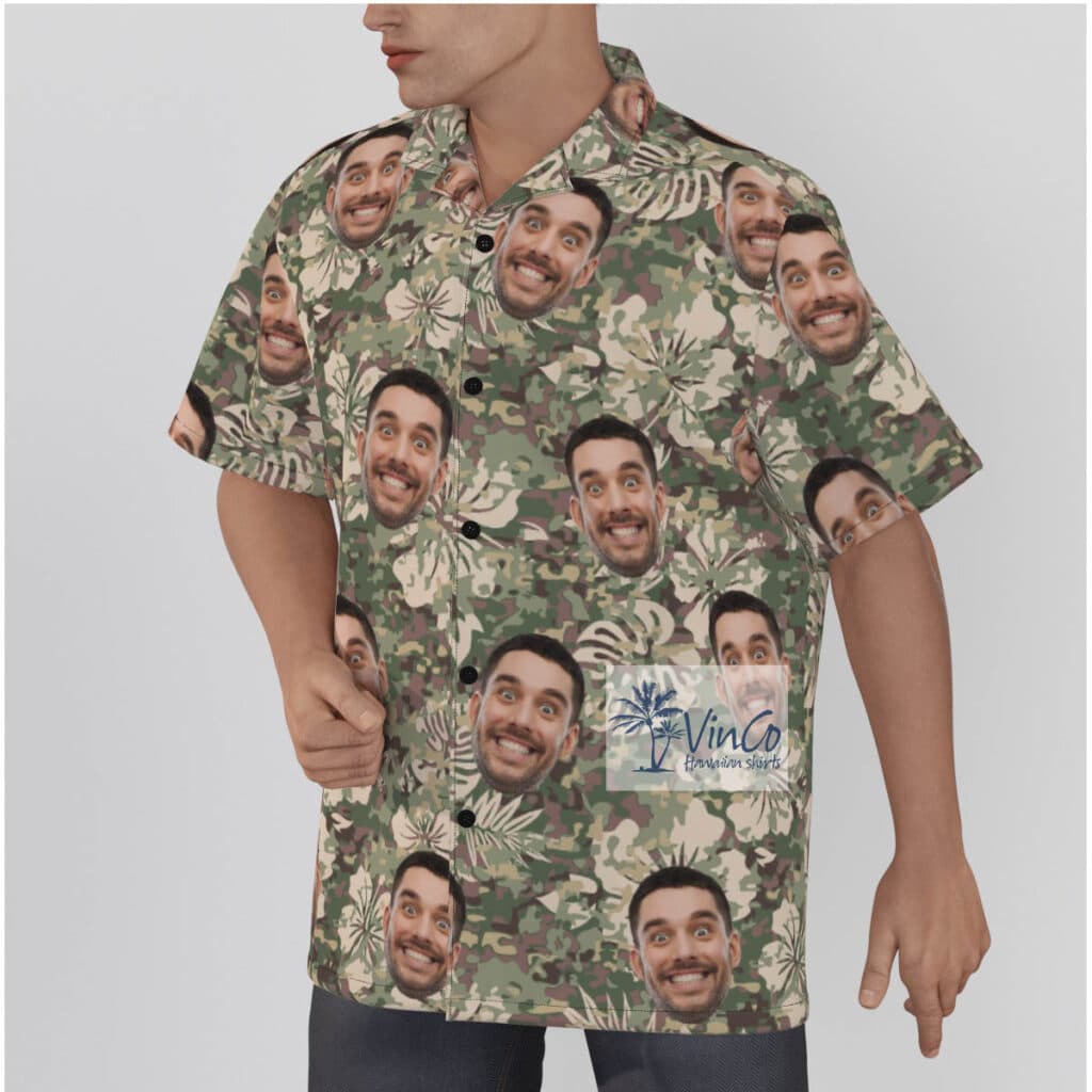 Funny Custom Face Green Camoflage Hibiscus Hawaiian Shirt
