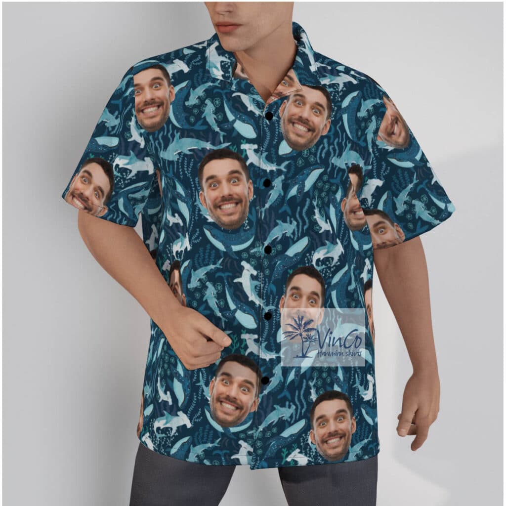 Funny Custom Face Hammerhead Sharks Navy Hawaiian Shirt