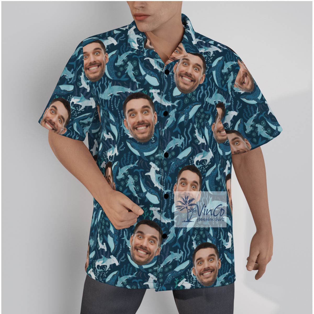 Funny Custom Face Hammerhead Sharks Navy Hawaiian Shirt