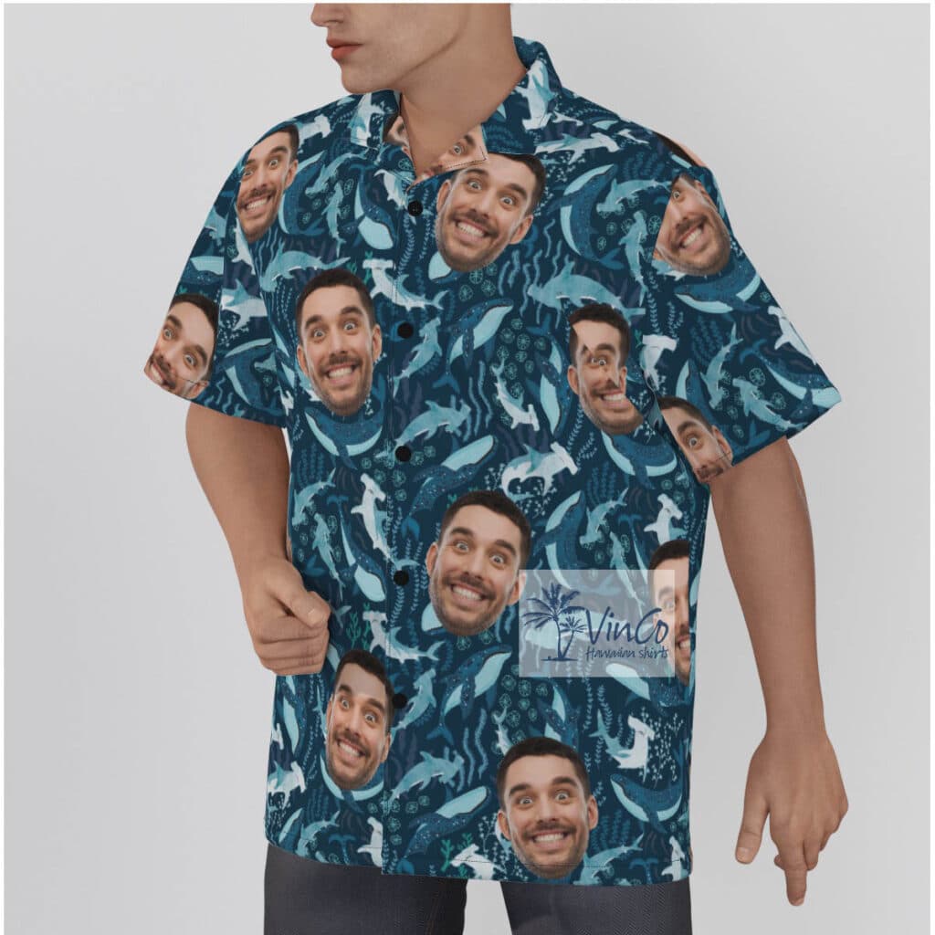 Funny Custom Face Hammerhead Sharks Navy Hawaiian Shirt