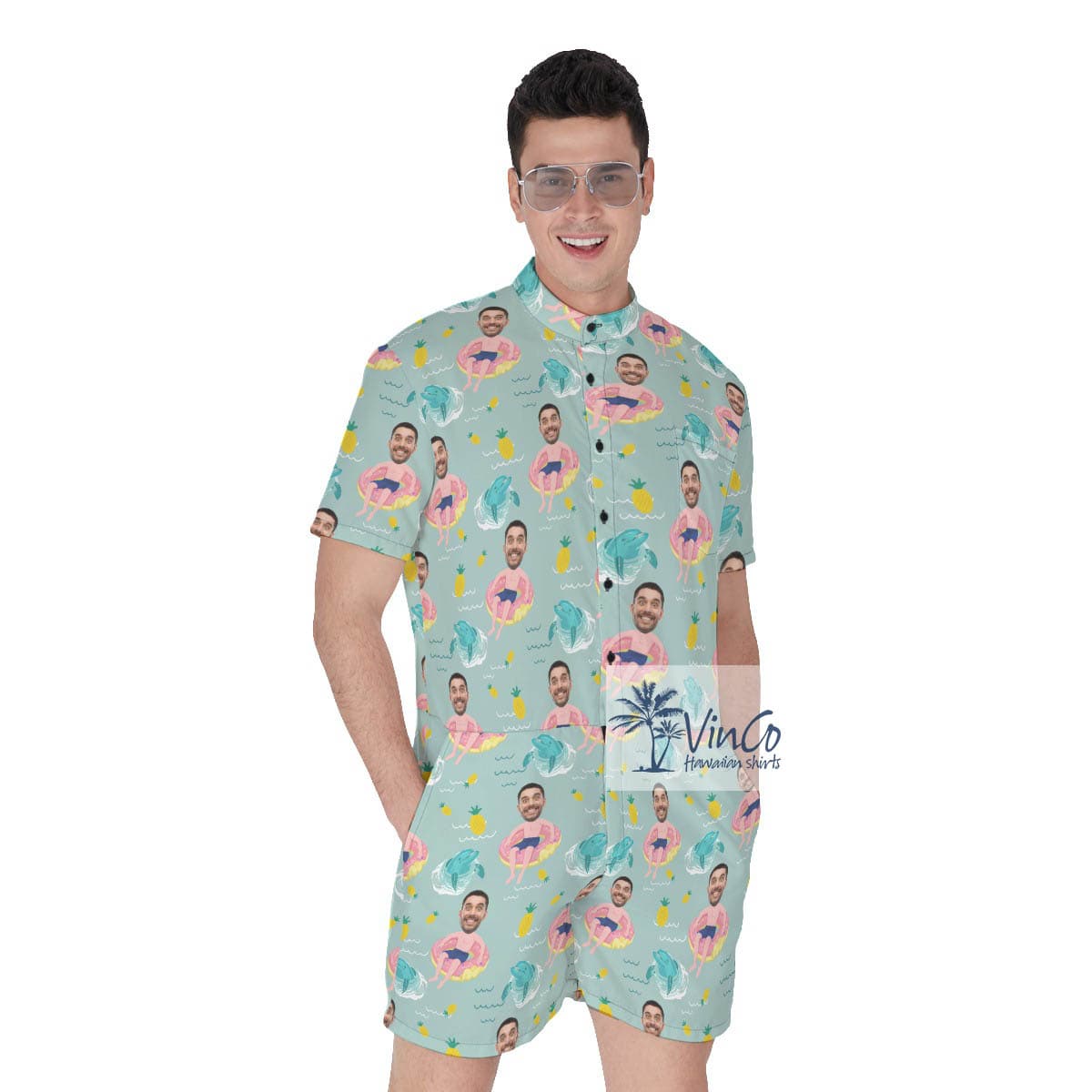 Funny Custom Face Men Swimming Flamingo Float Romper For Men (2)