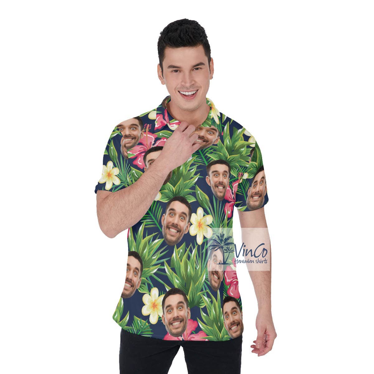 Funny Custom Face Tropical Hibiscus Hawaiian Golf Polo Shirt
