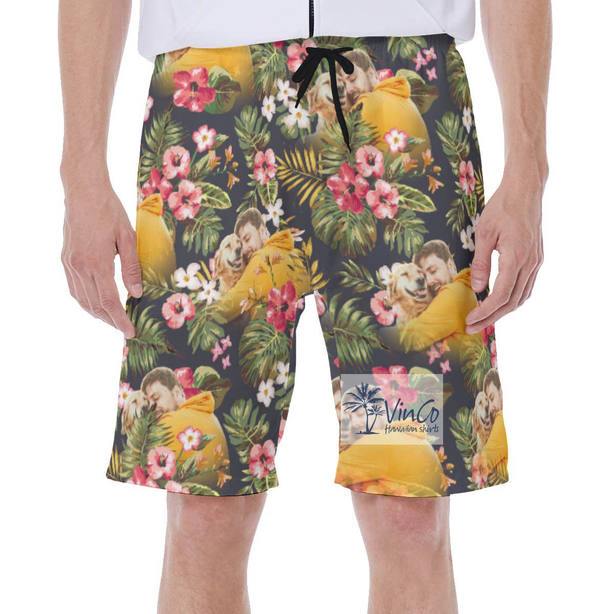 Funny Custom Photo Floral Hibiscus Hawaiian Swim Trunks For Men