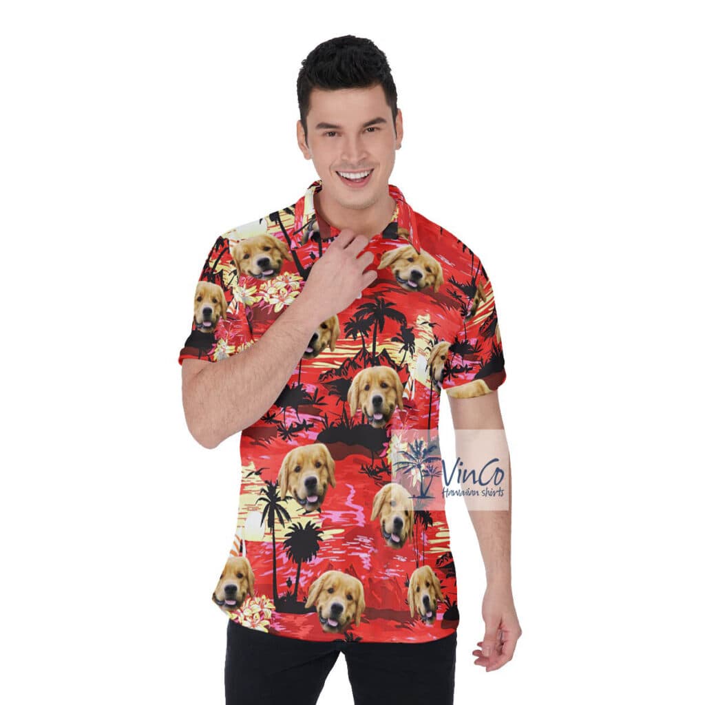 Funny Custom Sunset Beach Hawaiian Polo Shirt With Dog Face