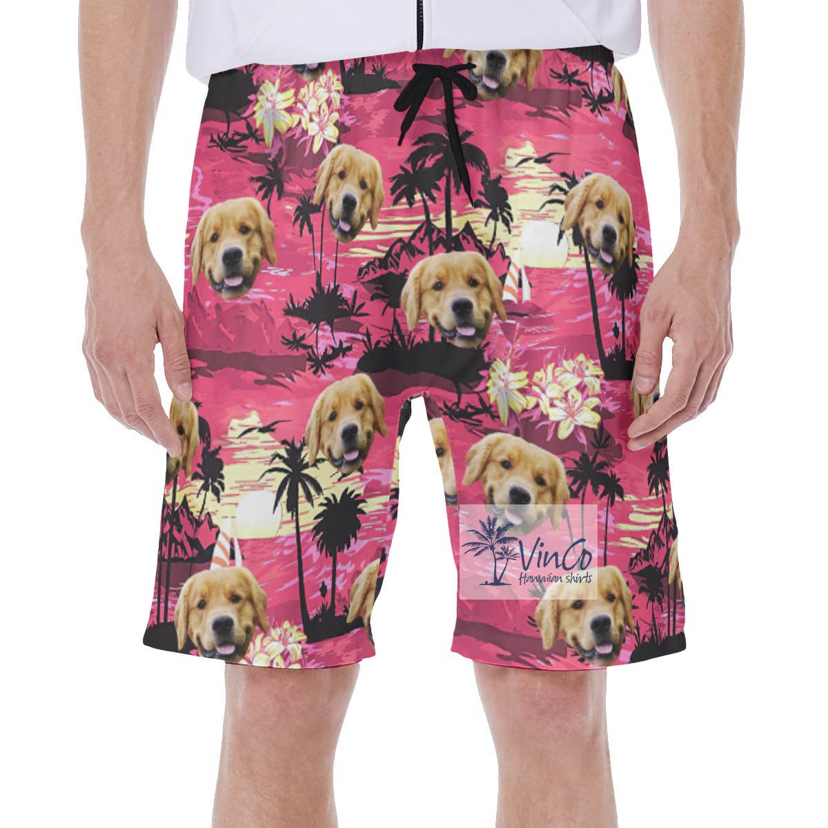 Funny Custom Tropical Beach Scene Hawaiian Swim Trunks With Dog Face