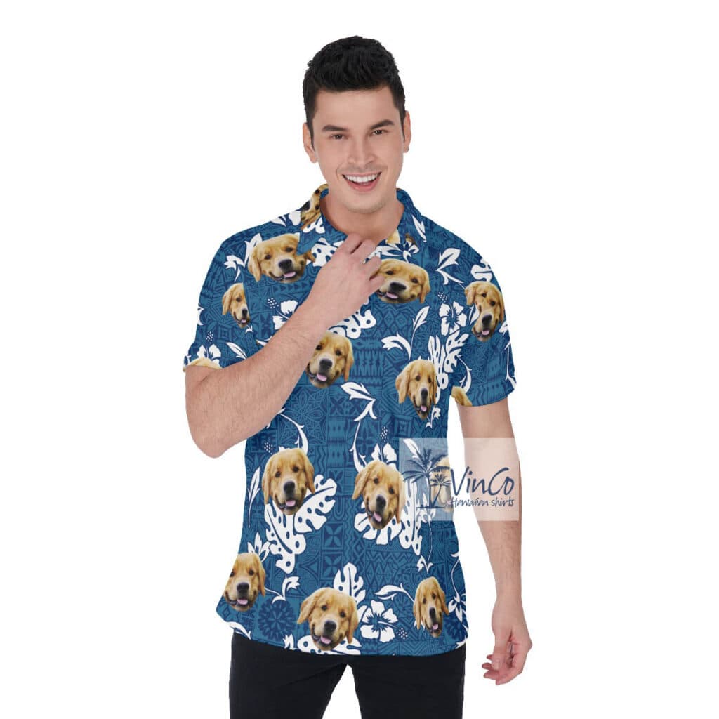 Funny Custom Vintage Hibiscus Hawaiian Polo Shirt With Dog Face