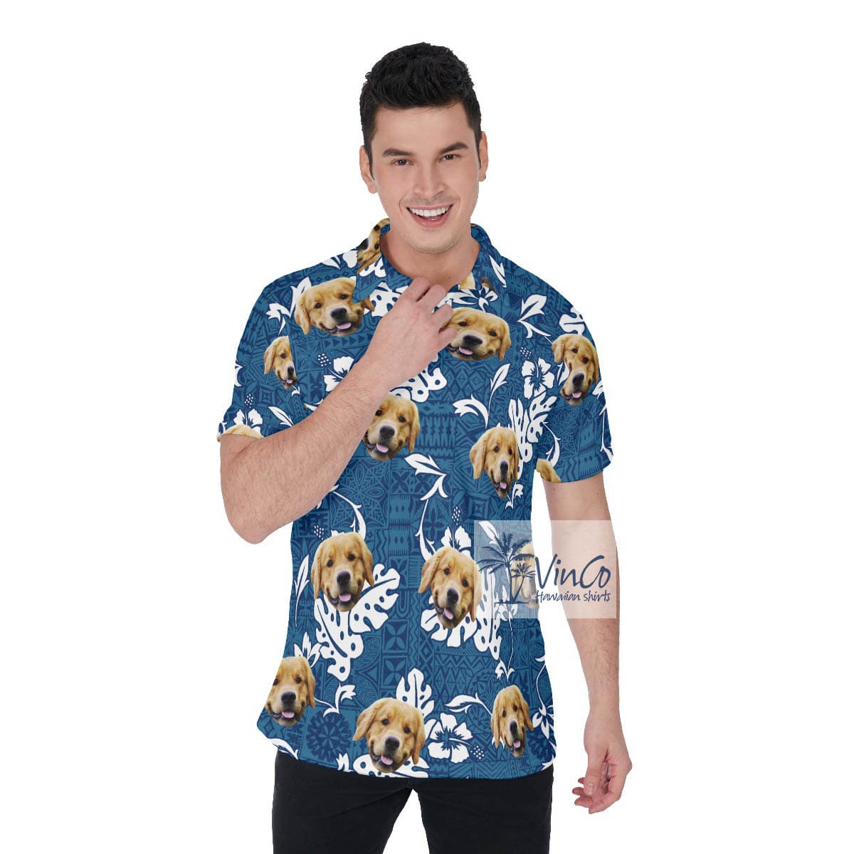 Funny Custom Vintage Hibiscus Hawaiian Polo Shirt With Dog Face