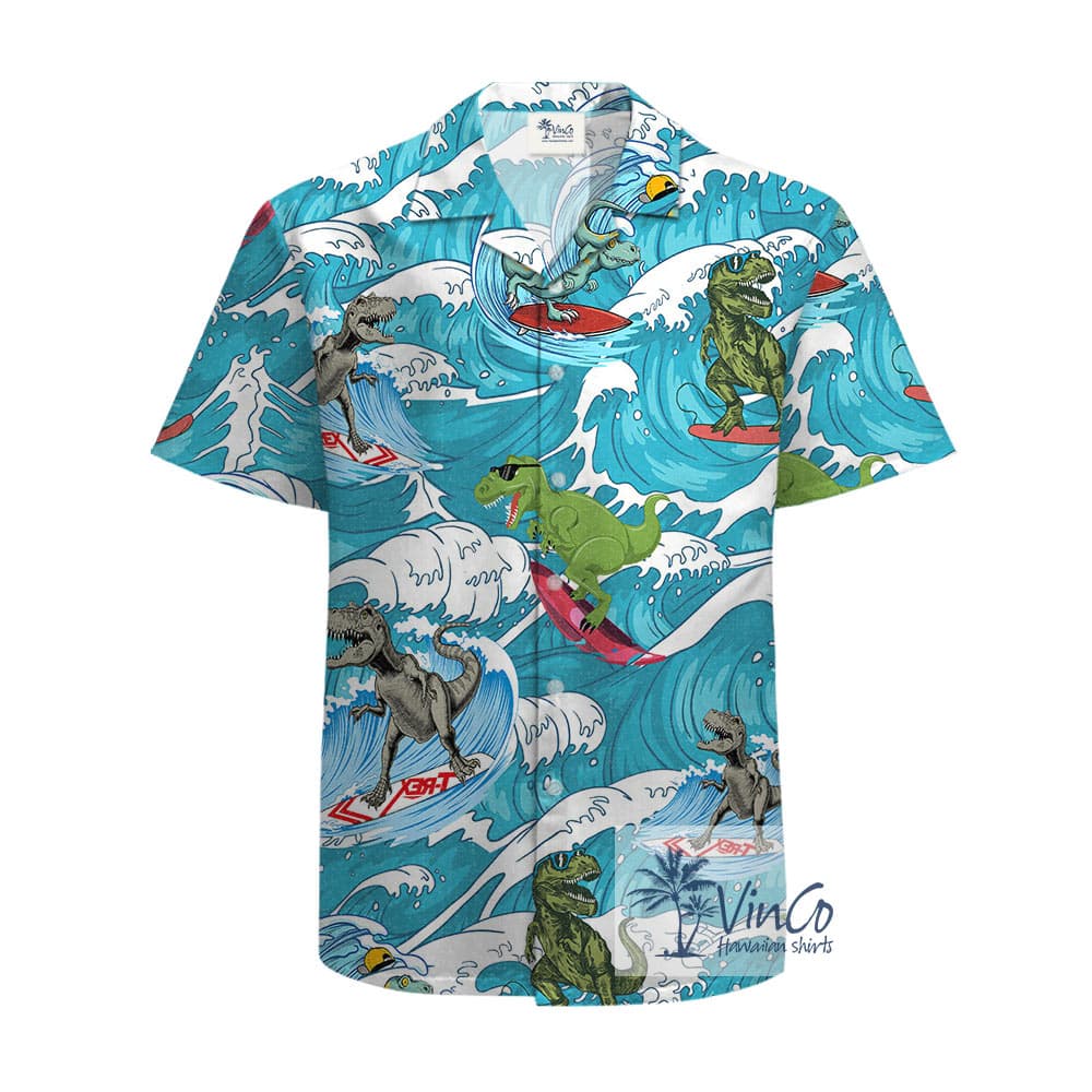 Funny Dinosaur Surfing Hawaiian Beach Shirt For Men (2)