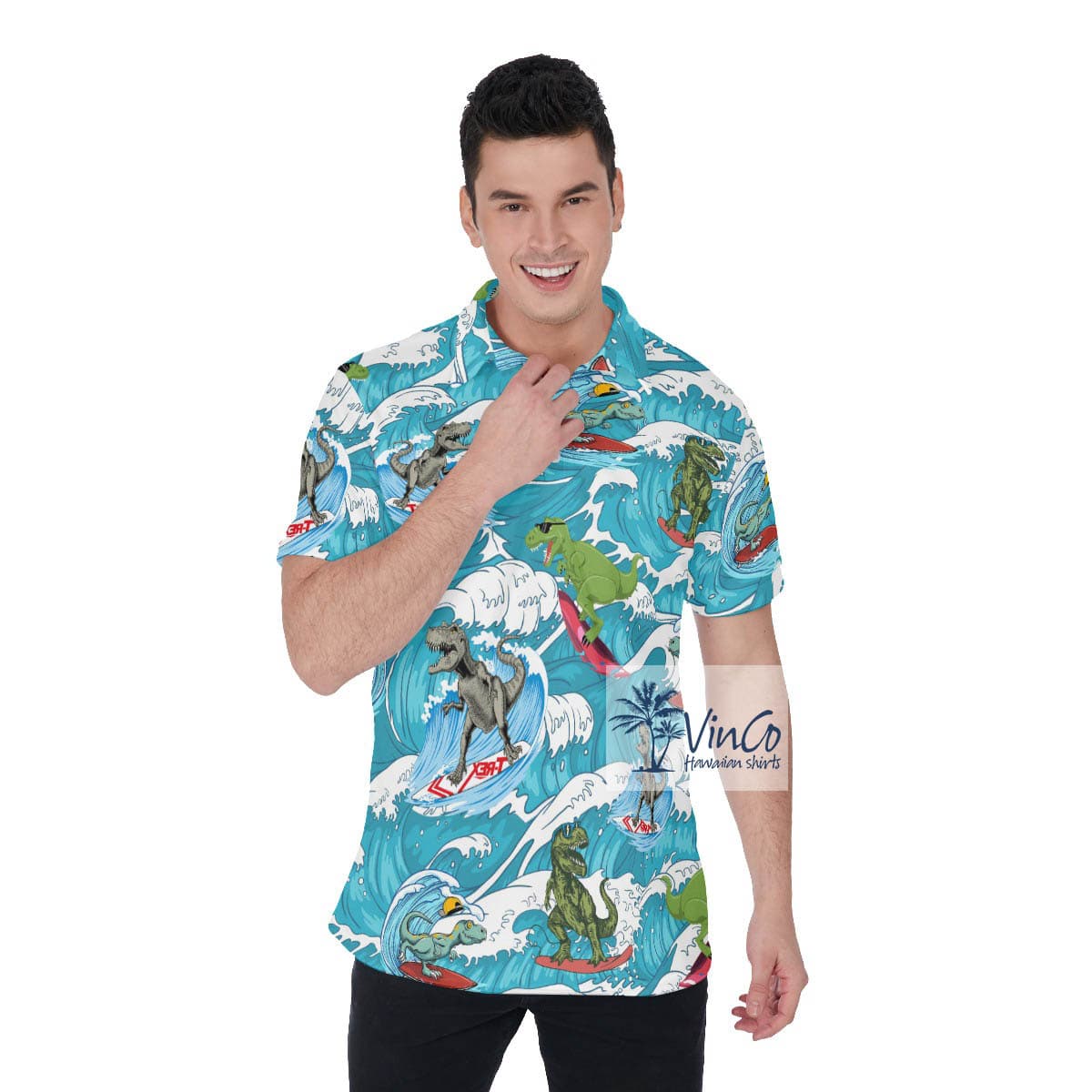 Funny Dinosaur Surfing Hawaiian Golf Shirt Polo For Men (2)