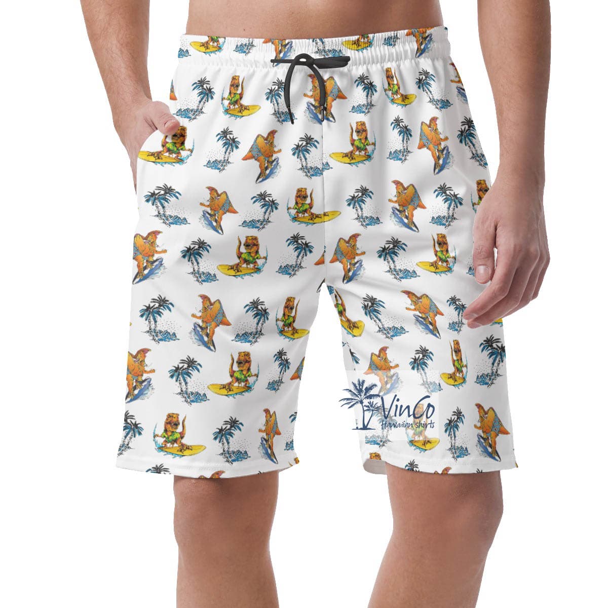 Funny Dinosaur Surfing Palm Tree Hawaiian Beach Shorts For Men