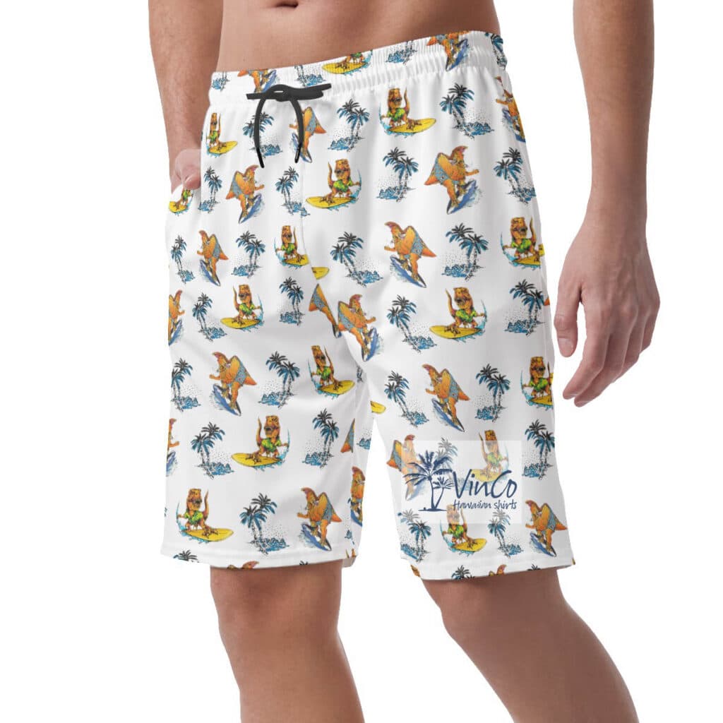 Funny Dinosaur Surfing Palm Tree Hawaiian Beach Shorts For Men