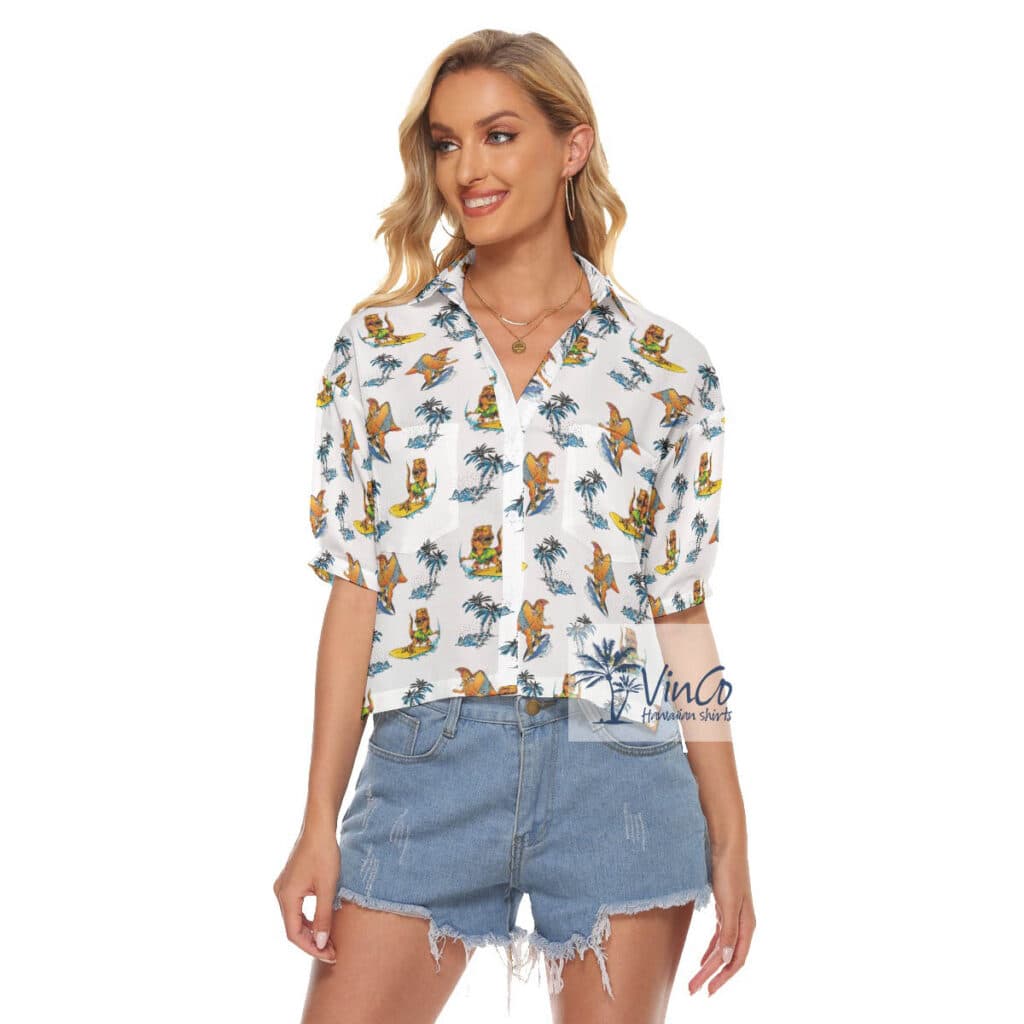 Funny Dinosaur Surfing Tropical Palm Tree Hawaiian Cropped Shirt