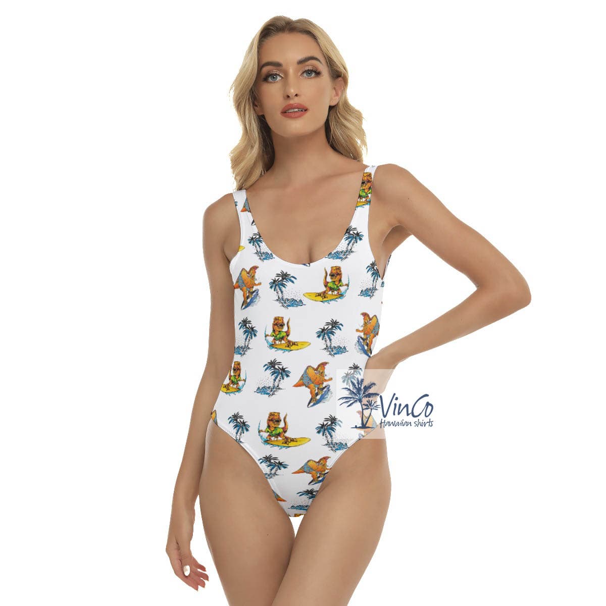 Funny Dinosaur Surfing Tropical Palm Tree Hawaiian Swimsuit For Women