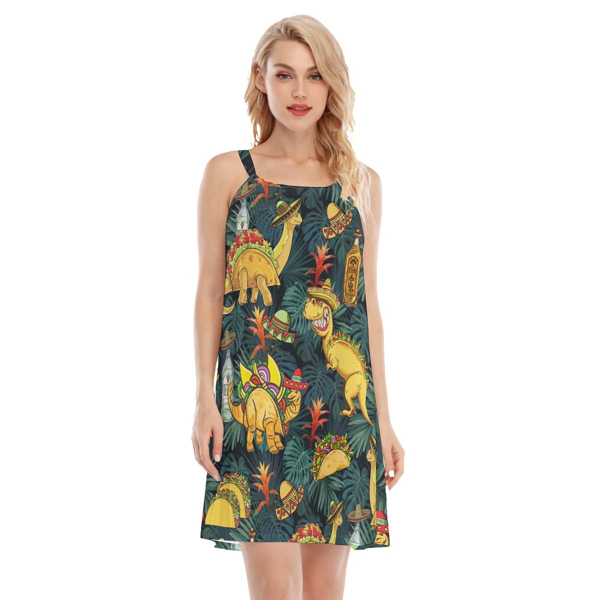Funny Dinosaur Taco Tropical Aloha Cami Dress For Women