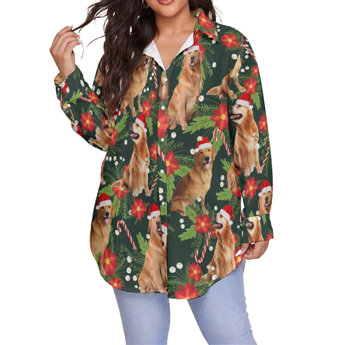 Funny Dog With Christmas Hat Plus Size Hawaiian Shirt For Women (4)