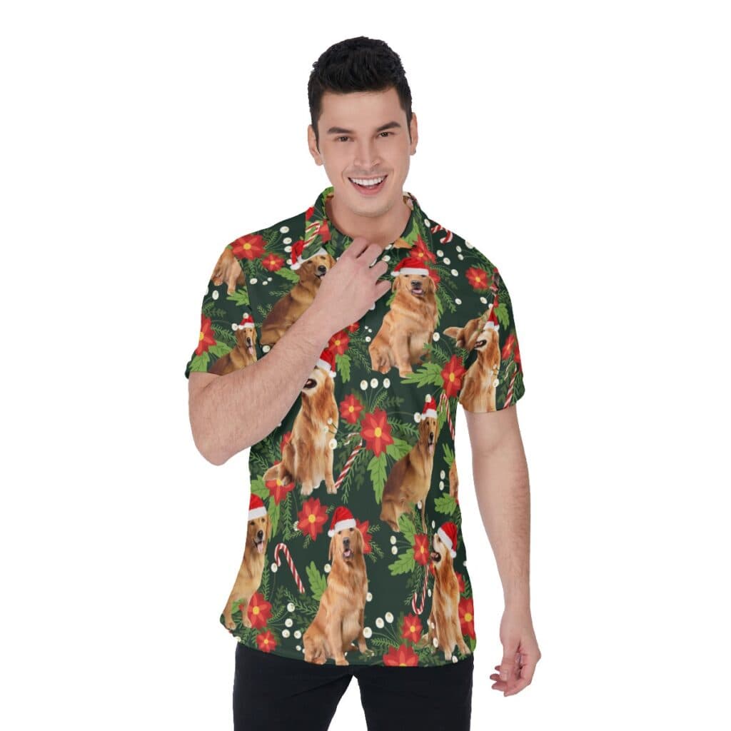 Funny Dog With Christmas Hat Tropical Hawaiian Polo Shirt For Men
