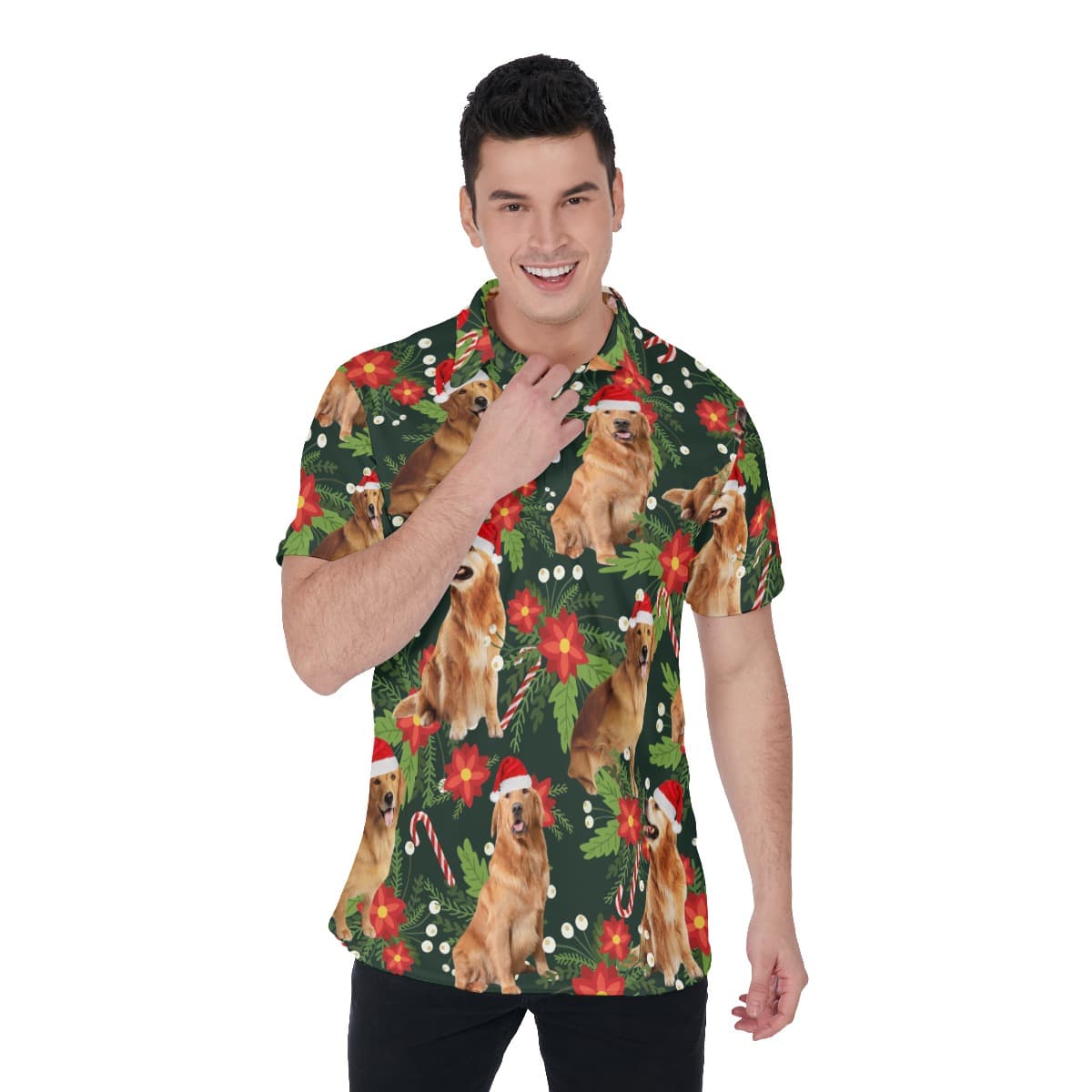 Funny Dog With Christmas Hat Tropical Hawaiian Polo Shirt For Men