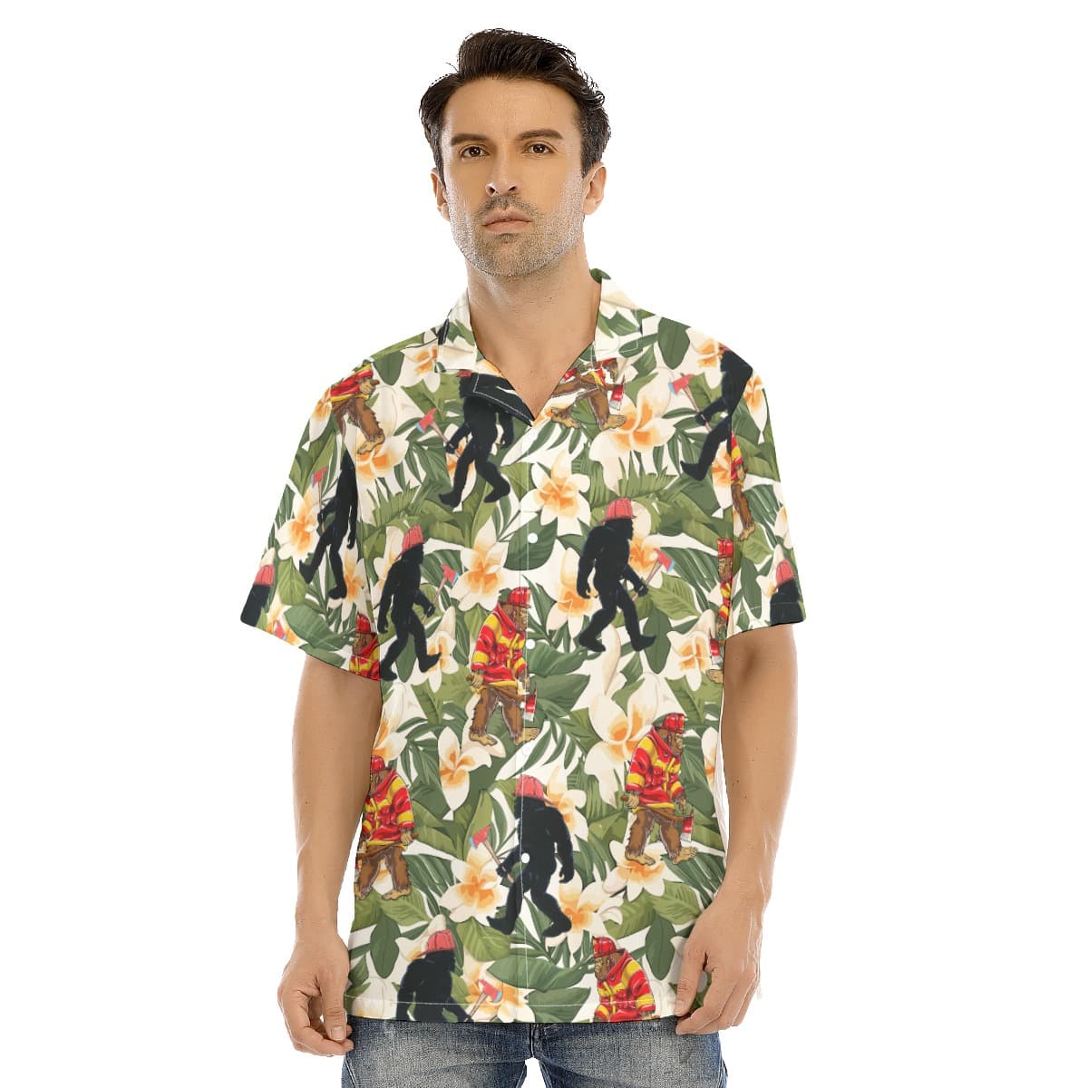 Funny Firefighter Bigfoot Floral Hawaiian Shirt