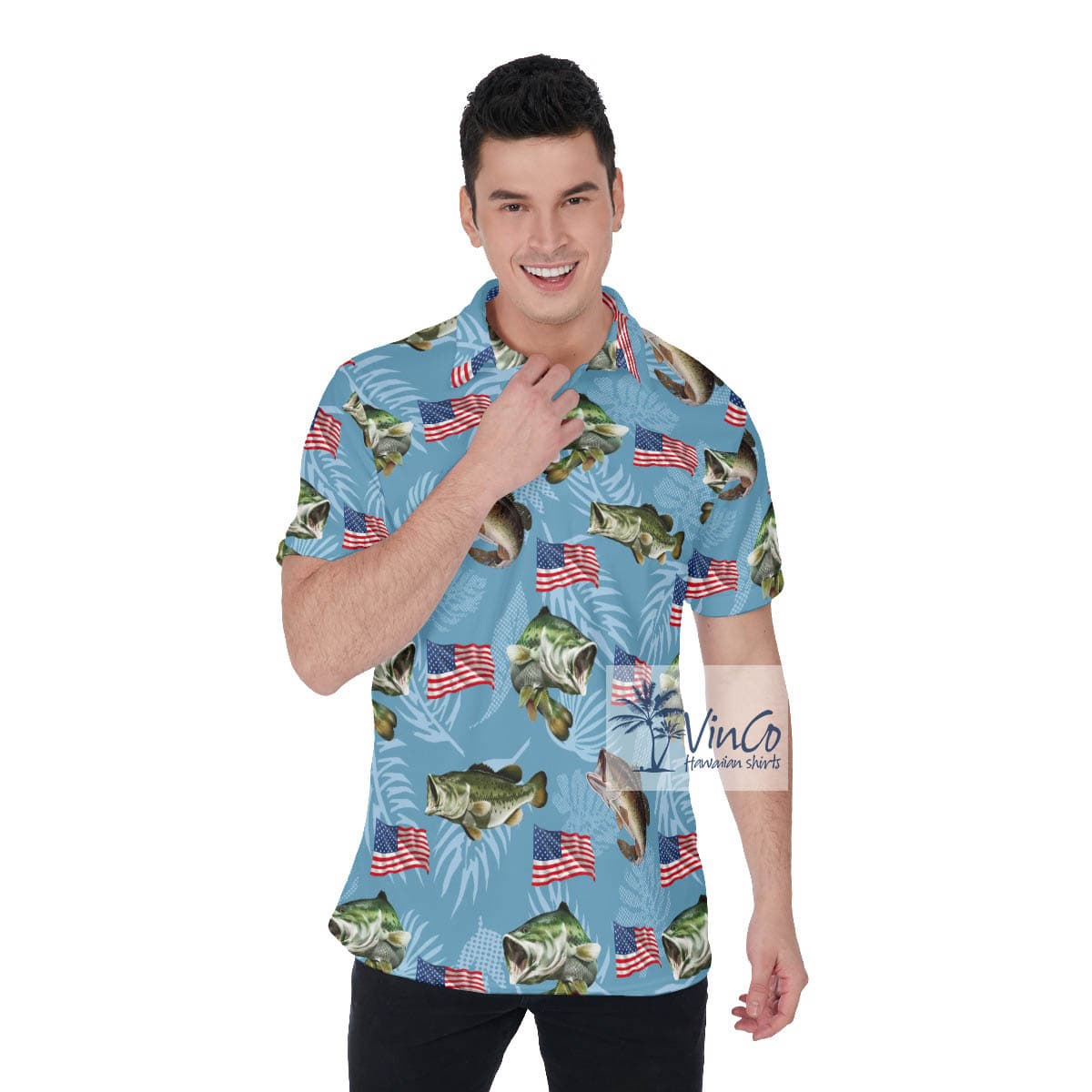 Funny Fish American Flag Blue Hawaiian Polo Shirt