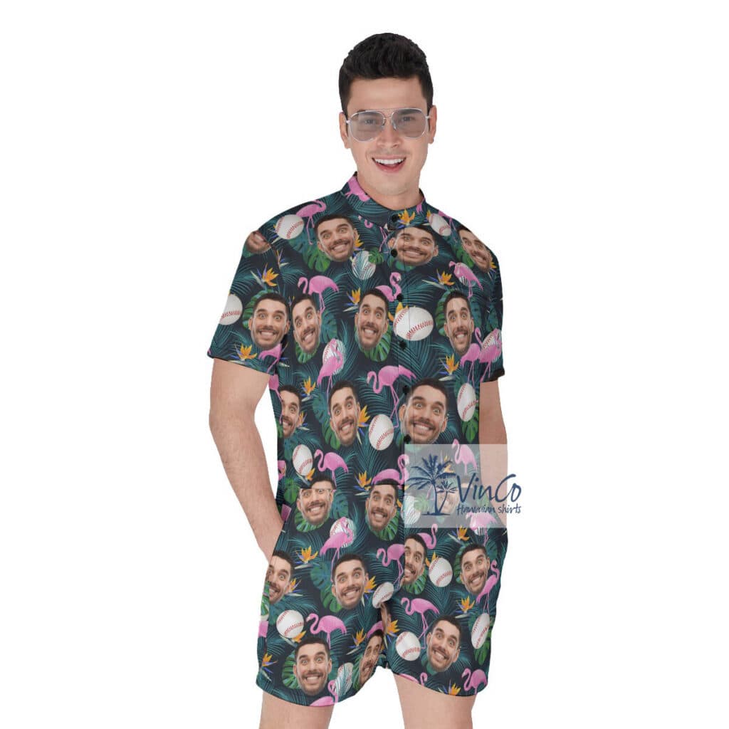 Funny Flamingo Baseball Hawaiian Romper With Custom Face