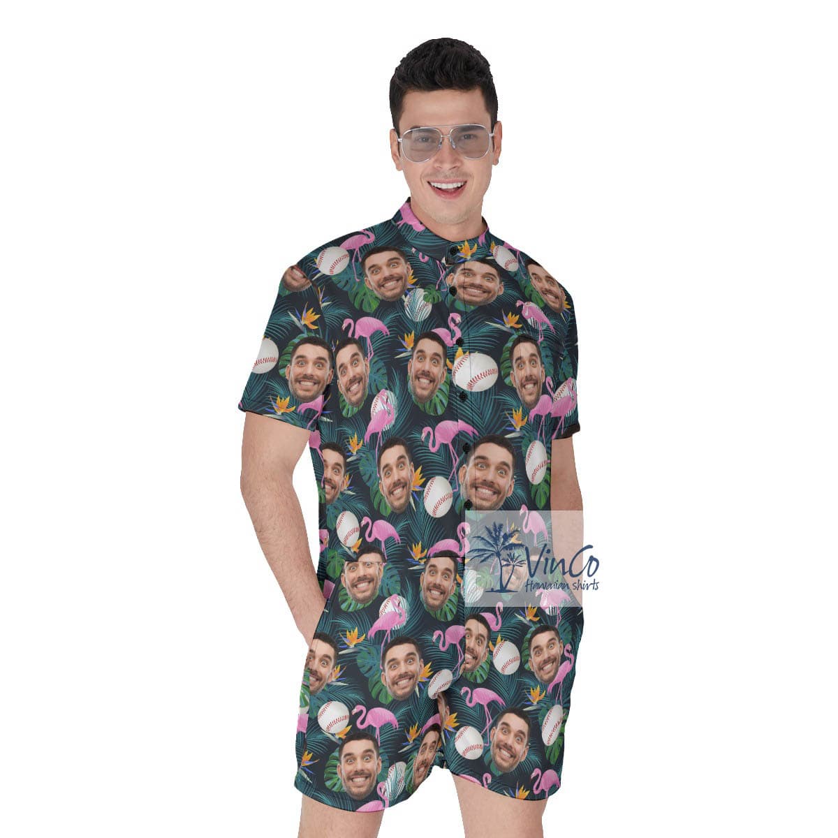 Funny Flamingo Baseball Hawaiian Romper With Custom Face