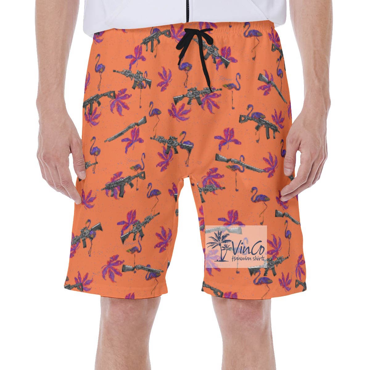 Funny Flamingo Gun Floral Orange Hawaiian Swim Trunks For Men