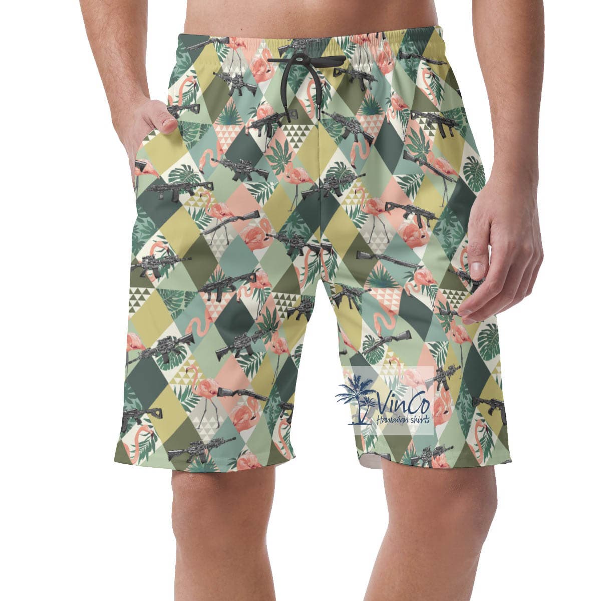 Funny Flamingo With Gun Tropical Summer Shorts For Men