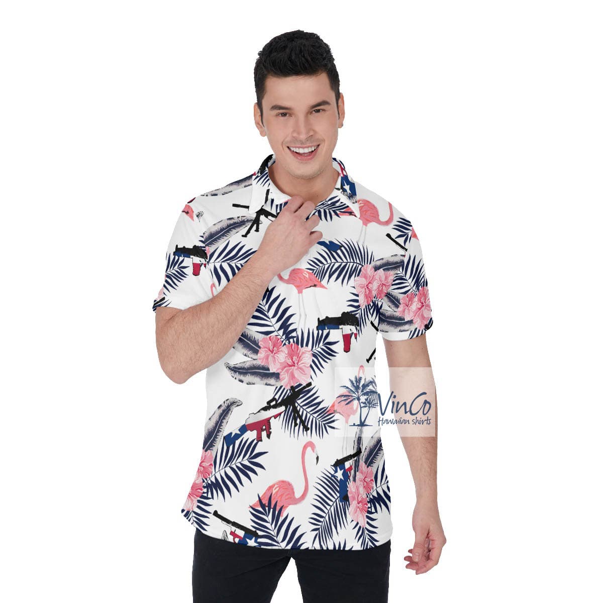 Funny Floral Texas Gun Pink Flamingo Hawaiian Polo Shirt