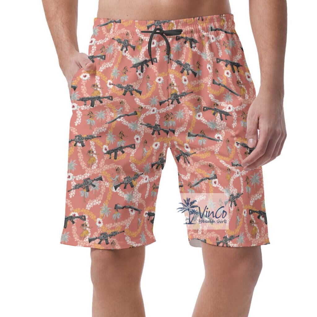 Funny Long Gun Floral Pink Hawaiian Summer Shorts For Men