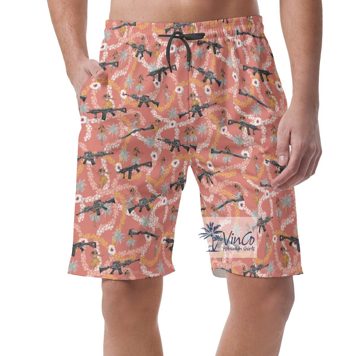 Funny Long Gun Floral Pink Hawaiian Summer Shorts For Men