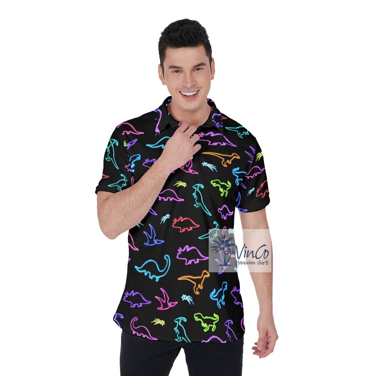 Funny Neon Dinosaur Polo Shirt For Men (2)