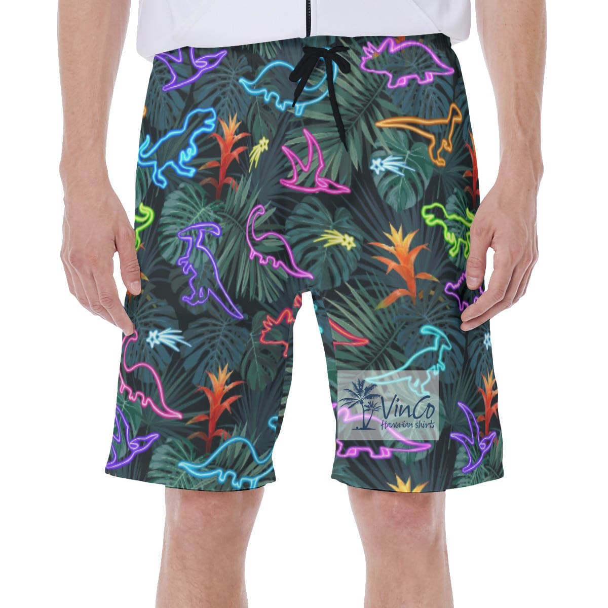 Funny Neon Dinosaur Tropical Swim Trunks For Men (1)