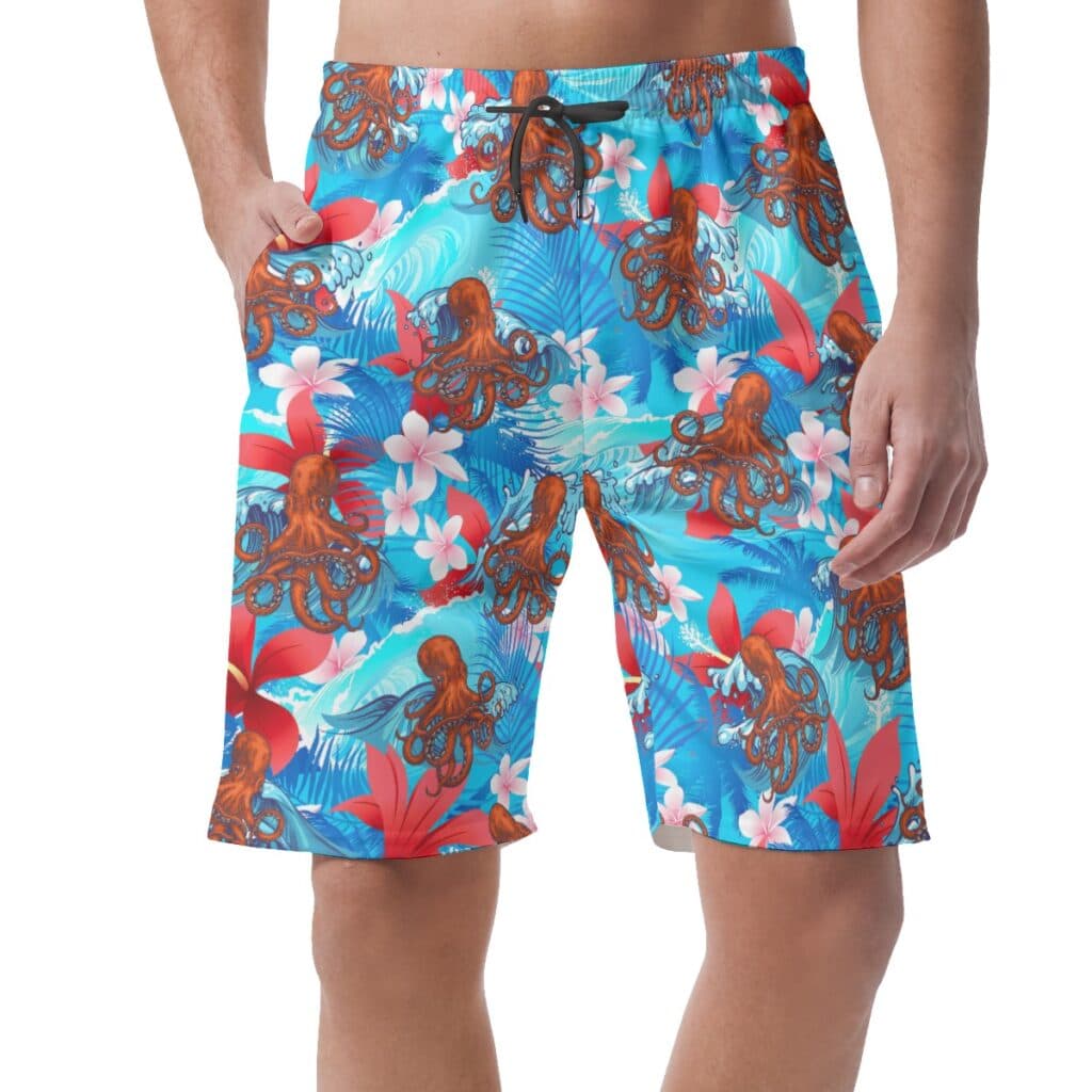 Funny Ocean Octopus Blue Floral Hawaiian Shorts For Men
