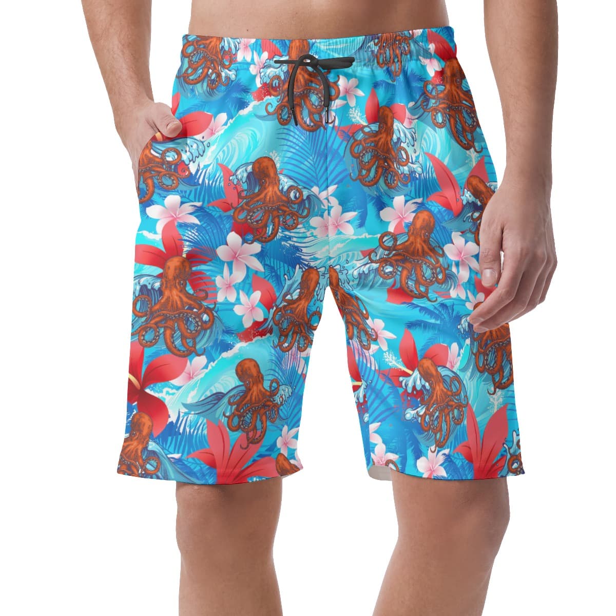Funny Ocean Octopus Blue Floral Hawaiian Shorts For Men
