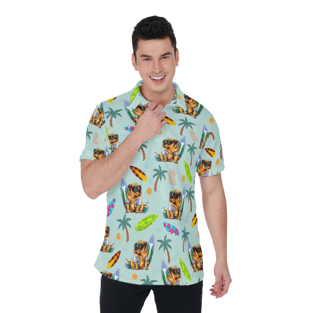 Funny Palm Tree Bulldog Surf Boards Hawaiian Polo Shirt