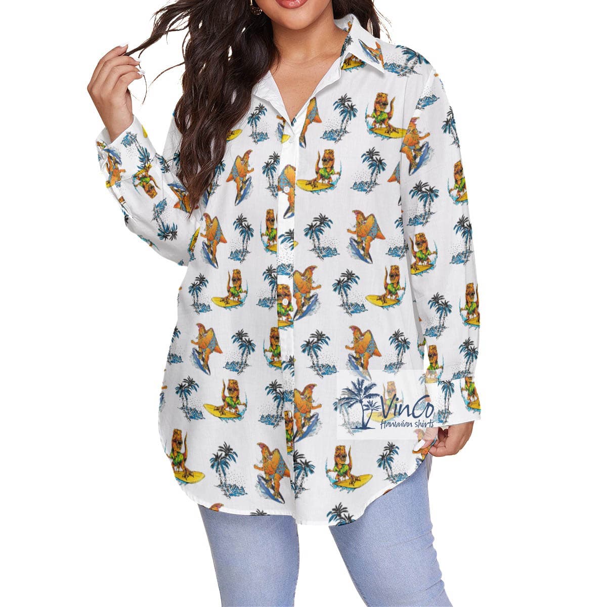 Funny Palm Tree Dinosaur Surfing Hawaiian Oversize Shirt For Women