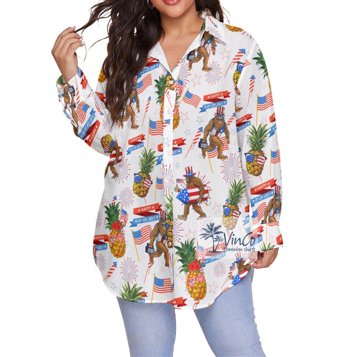 Funny Patriotic Sasquatch Pineapple Plus Size Aloha Shirt For Women