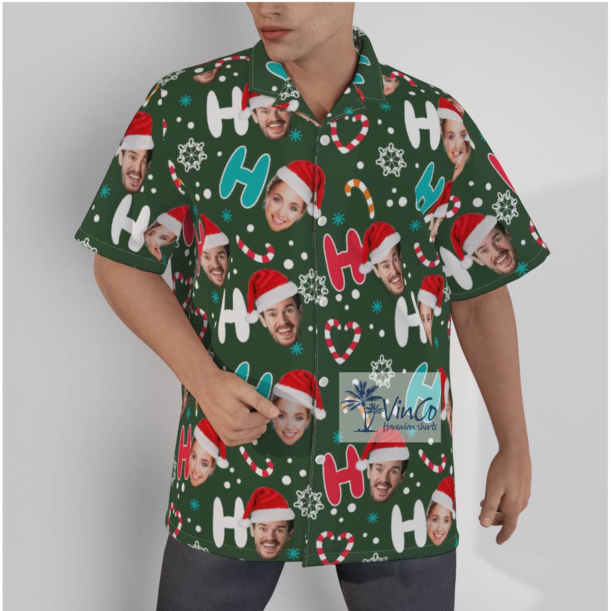 Funny Personalized Christmas Gift Men’s Christmas Button Shirt HO HO HO Santa Hat (1)