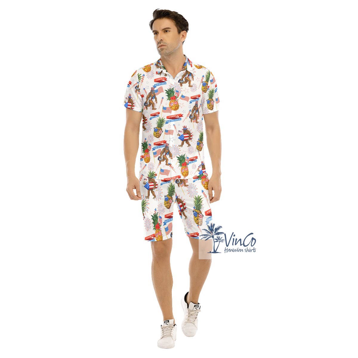 Funny Pineapple Sasquatch American Flag Hawaiian Shirt And Matching Shorts For Men (2)
