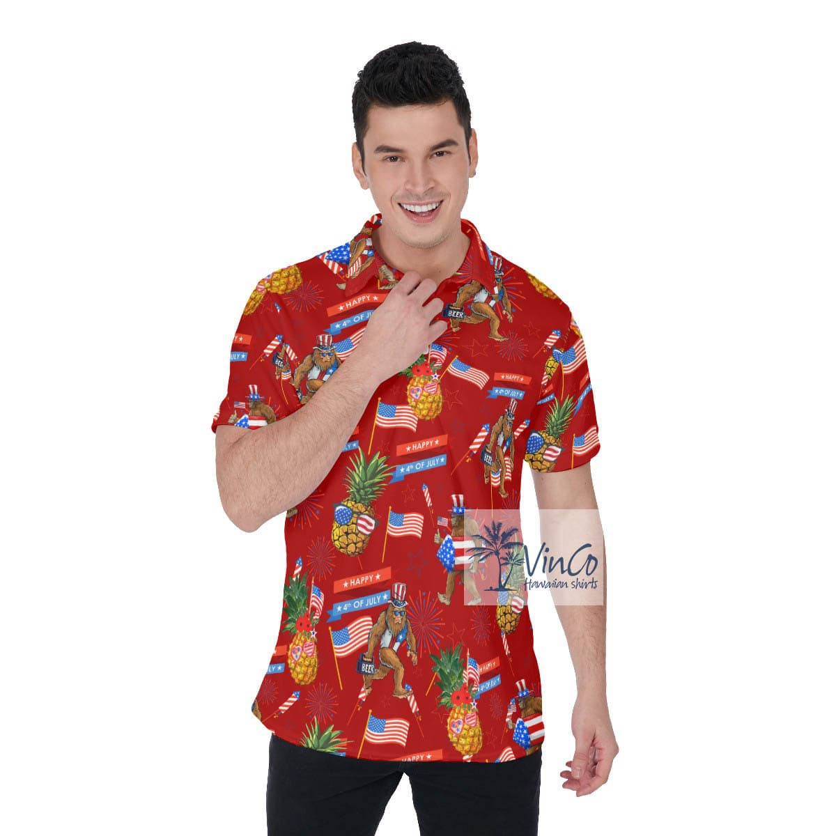 Funny Pineapple Sasquatch Patriotic Hawaiian Polo Shirt