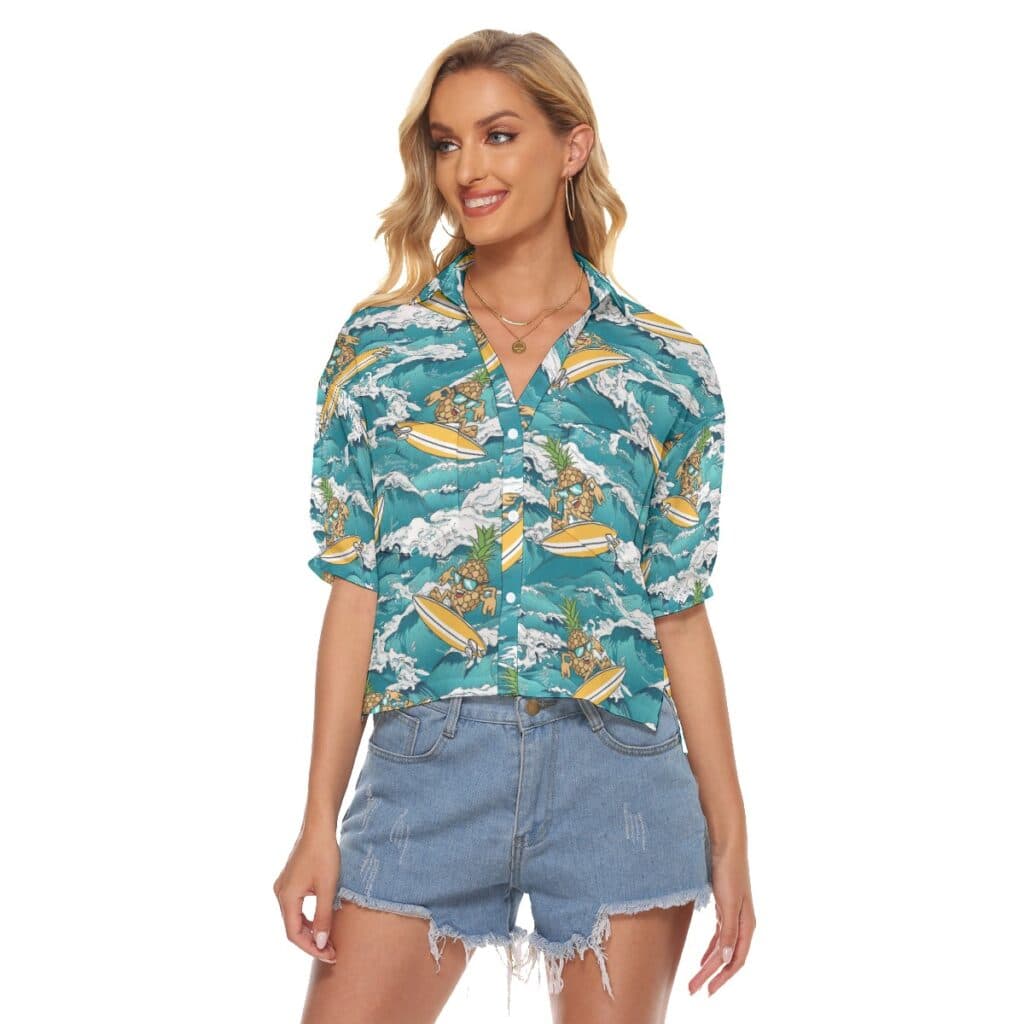 Funny Pineapple Surfing Wave Hawaiian Crop Top Shirt