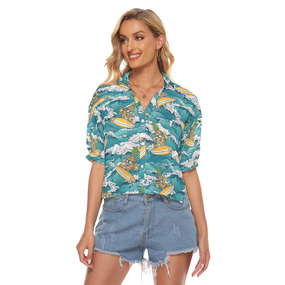 Funny Pineapple Surfing Wave Hawaiian Crop Top Shirt