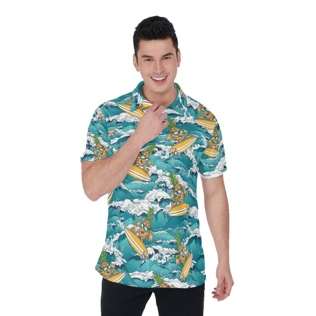 Funny Pineapple Wave Surfing Hawaiian Polo Shirt