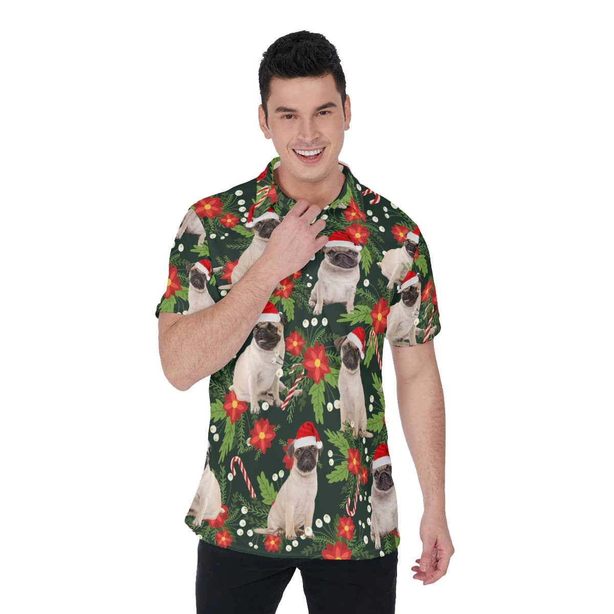 Funny Pug With Christmas Hat Floral Hawaiian Polo Shirt