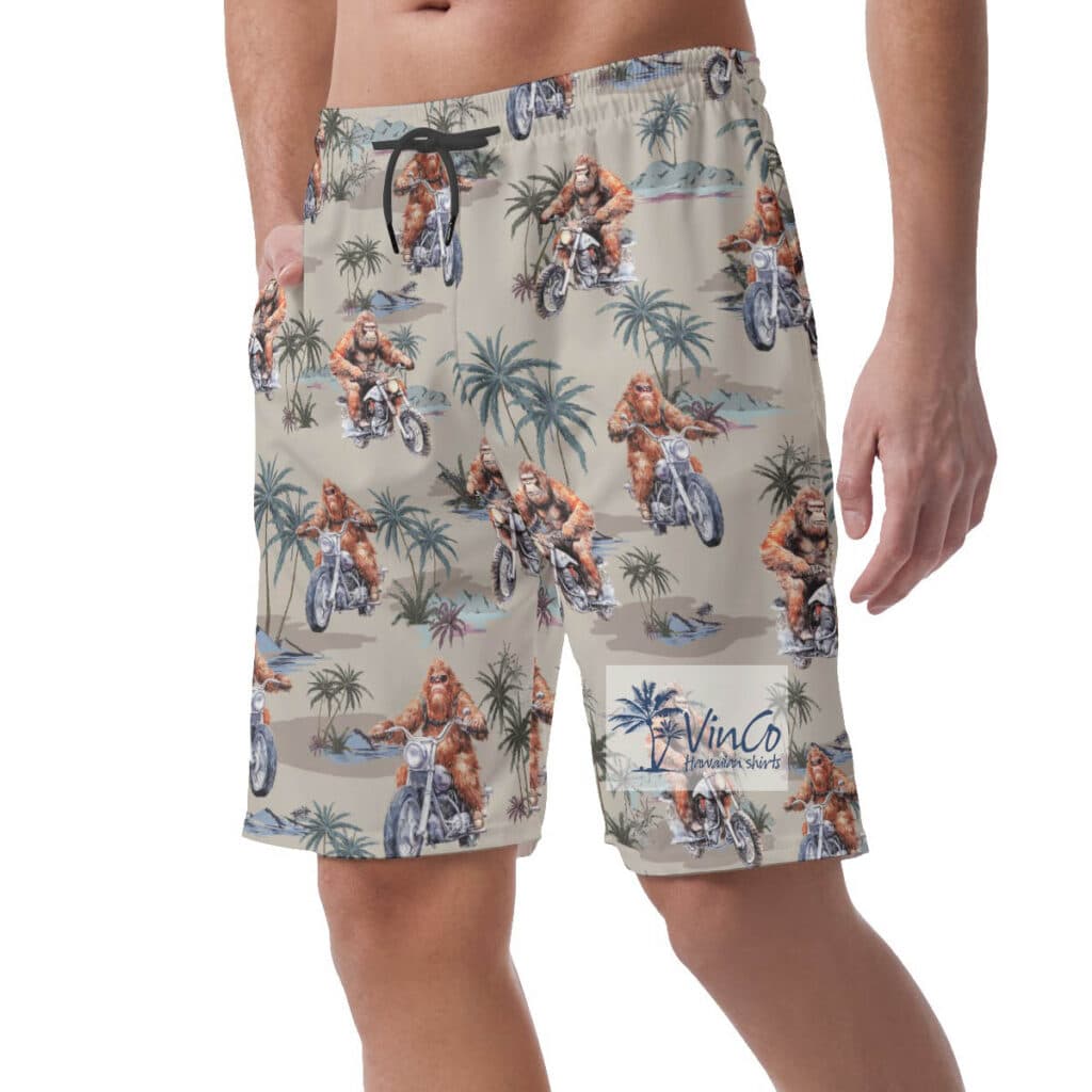 Funny Sasquatch Riding Motorcycle Hawaiian Beach Shorts