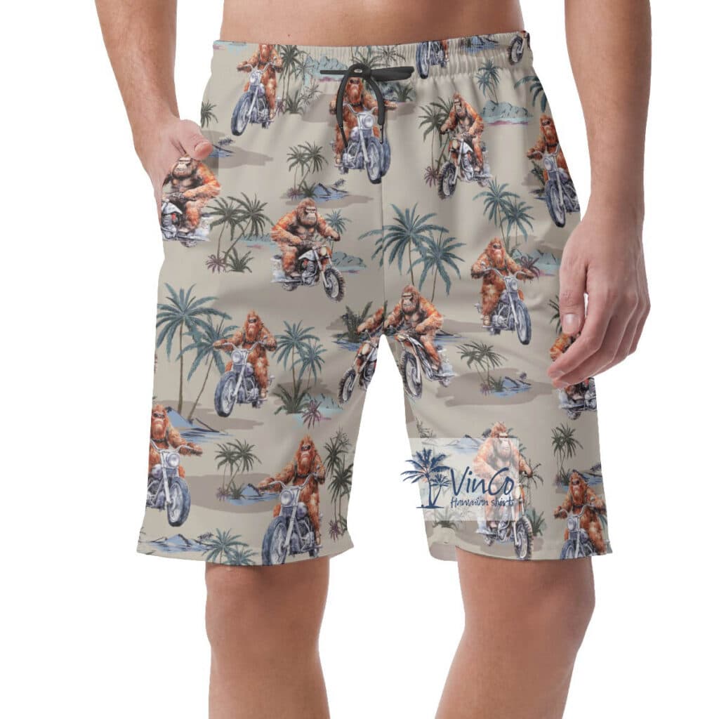 Funny Sasquatch Riding Motorcycle Hawaiian Beach Shorts