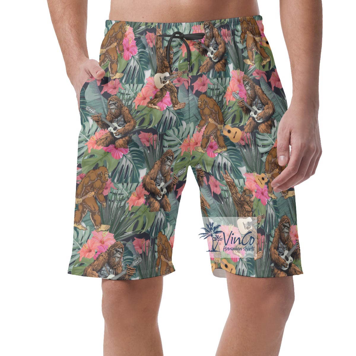 Funny Sasquatch With Guitar Tropical Hawaiian Beach Shorts For Men